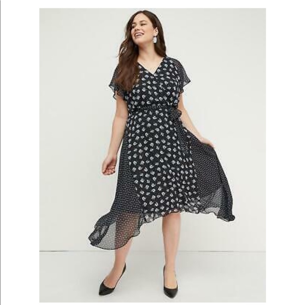 LANE BRYANT BLACK FLORAL DOT PRINT FLUTTER SLEEVE